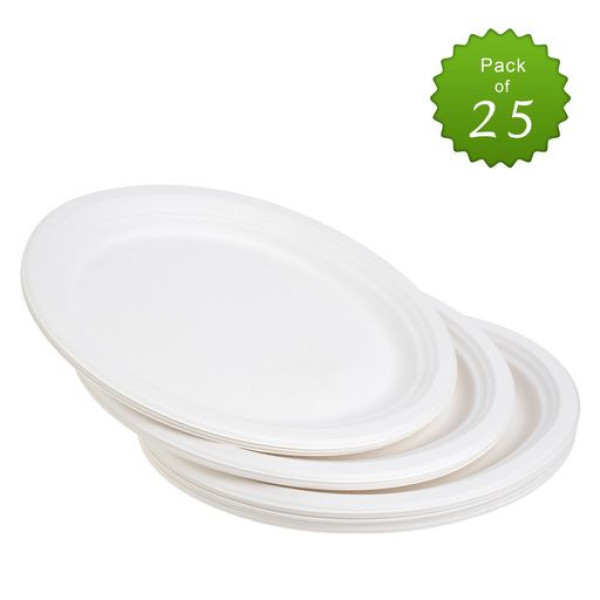 25 Pack Bagasse White Oval Serving Trays/Platters