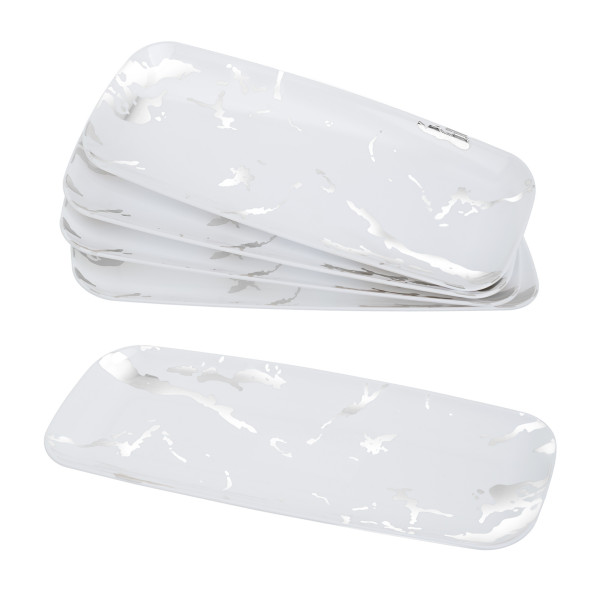 4 Pack Elegant White and Silver Marble-Look Small Plastic Tray