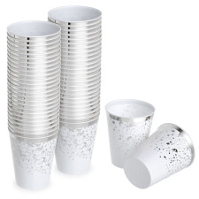 50 Pack Premium Lightweight Hard Plastic Party Cup - White with Silver Rim and Dots - 8oz