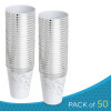 50 Pack Premium Lightweight Hard Plastic Party Cup - White with Silver Rim and Dots - 8oz