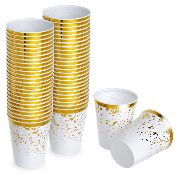 50 Pack Premium Lightweight Hard Plastic Party Cup - White with Gold Rim and Dots - 8oz