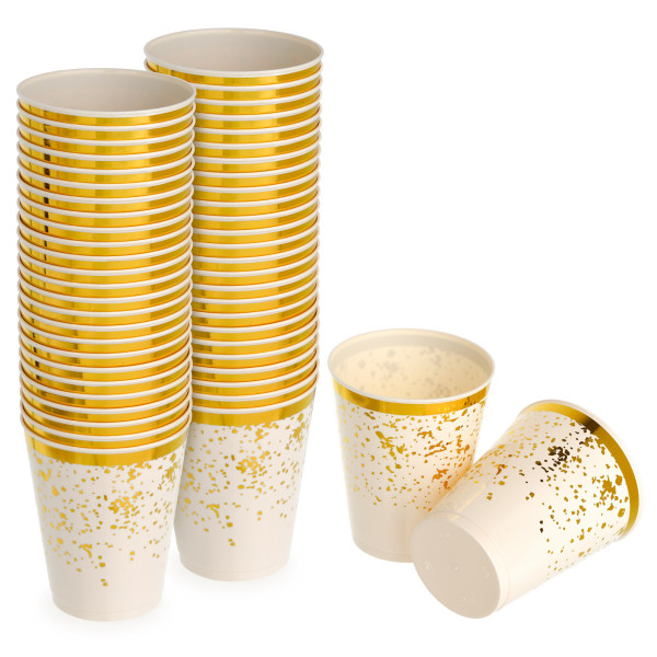 50 Pack Premium Lightweight Hard Plastic Party Cup -  Cream Ivory with Gold Rim and Dots - 8oz