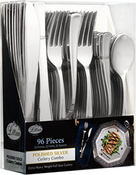 96 Pack Full Size Plastic Silver Cutlery Combo Set, 32 Forks, 32 Knifes, 32 Spoons