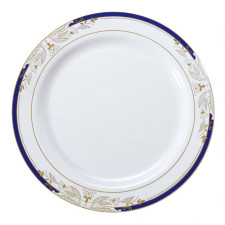 10 Pack 10.25" China-Look Round Hard Plastic Dinner Plates - White/Gold/Cobalt Blue