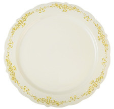 10 Pack 10.25" Round Hard Plastic Plates Bone / Ivory Plastic Plate with Gold Embossed Trim