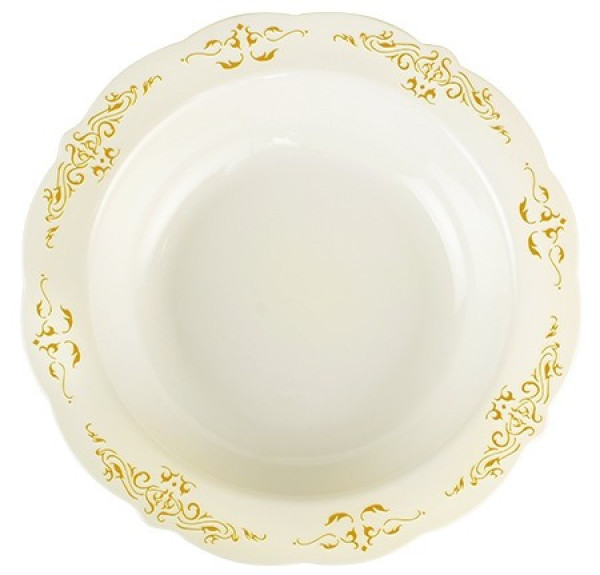 10 Pack 10oz Round Plastic Soup Bowls Bone / Ivory Plastic Plate with Gold Embossed Trim