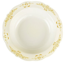 10 Pack 10oz Round Plastic Soup Bowls Bone / Ivory Plastic Plate with Gold Embossed Trim
