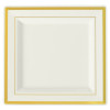 10 Pack 4.5" Square Mini Plastic Dessert Plates - Ivory with Gold Rim