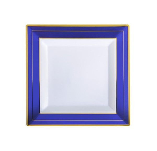 10 Pack 4.5" Square Mini Plastic Dessert Plates - White with Blue and Gold Rim
