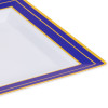 10 Pack 7.25 Square Plastic Salad Plates - White with Blue and Gold Rim