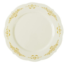 10 Pack 7.5" Round Hard Plastic Plates Bone / Ivory Plastic Plate with Gold Embossed Trim
