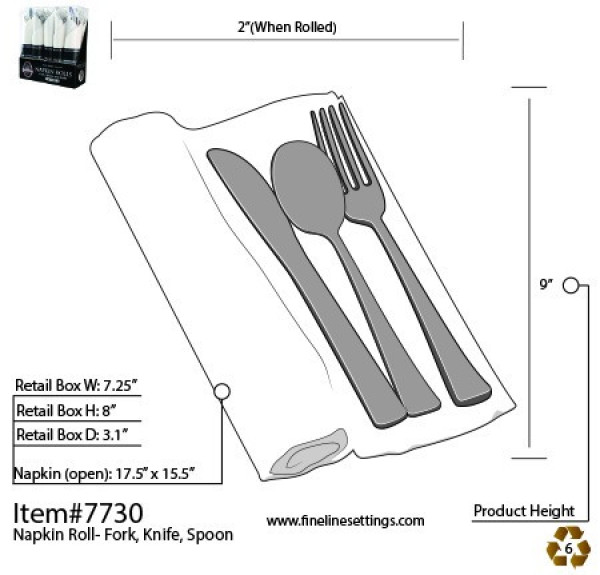 10 Pack Cutlery Set with Silver Spoon Fork Knife Wrapped in White Napkin