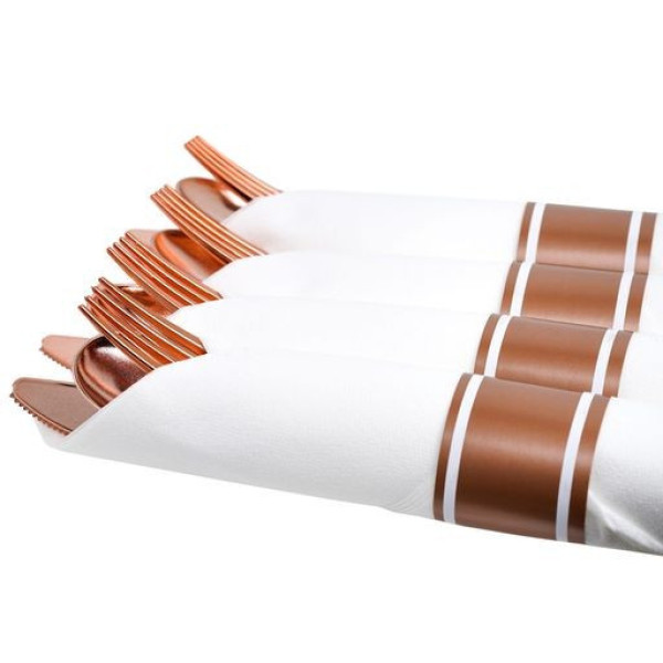10 Pack Individual Rose Gold Cutlery Sets Rolled In Napkin