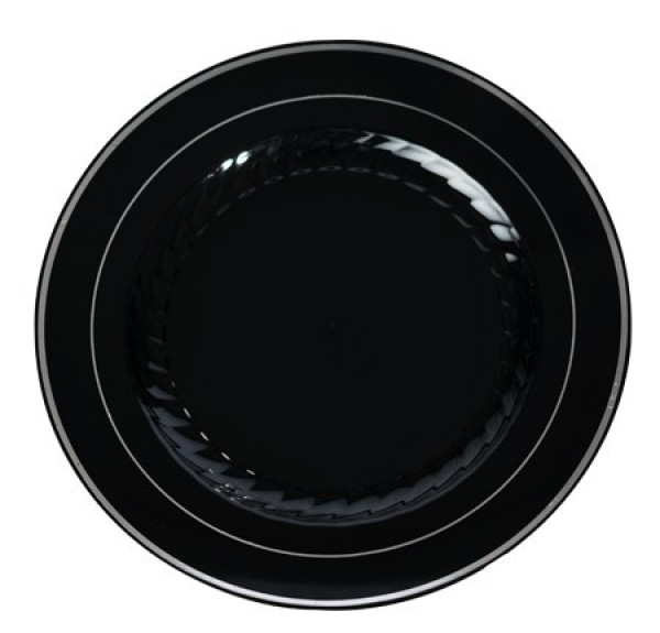 12 Pack 10.25" Round Plastic Dinner Plates - Black with Silver Rim