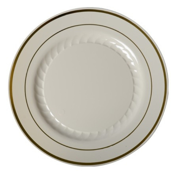 12 Pack 10.25" Round Plastic Dinner Plates - Bone with Gold Rim