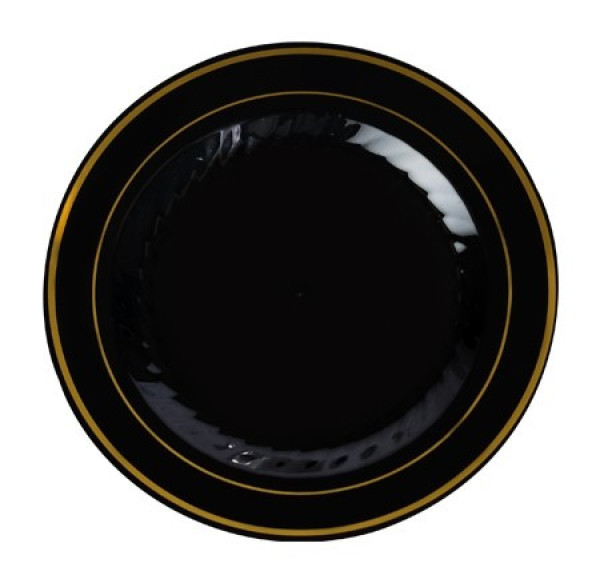 12 Pack 9" Round Plastic Plates - Black with Gold Rim