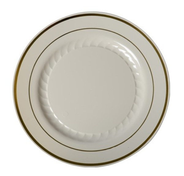 12 Pack 9" Round Plastic Plates - Bone with Gold Rim