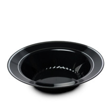 15 Pack 12oz Round Plastic Soup Bowls - Black Bowls with Silver Rim