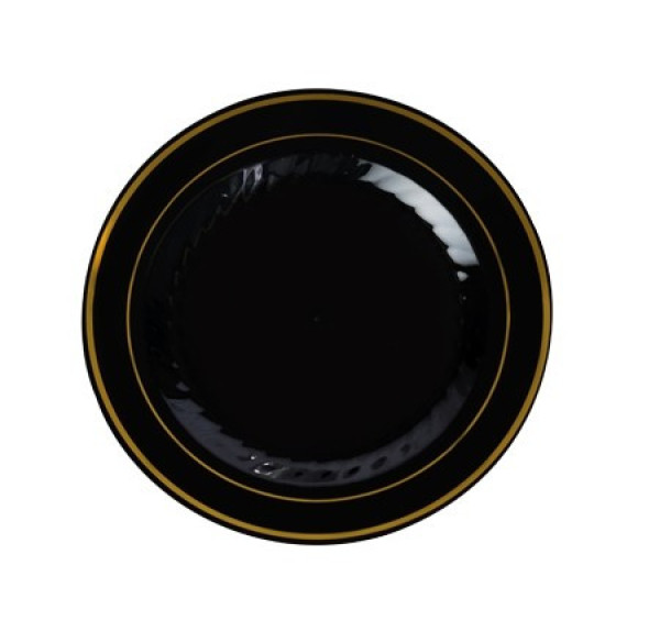15 Pack 6" Round Plastic Dessert Plates - Black with Gold Rim