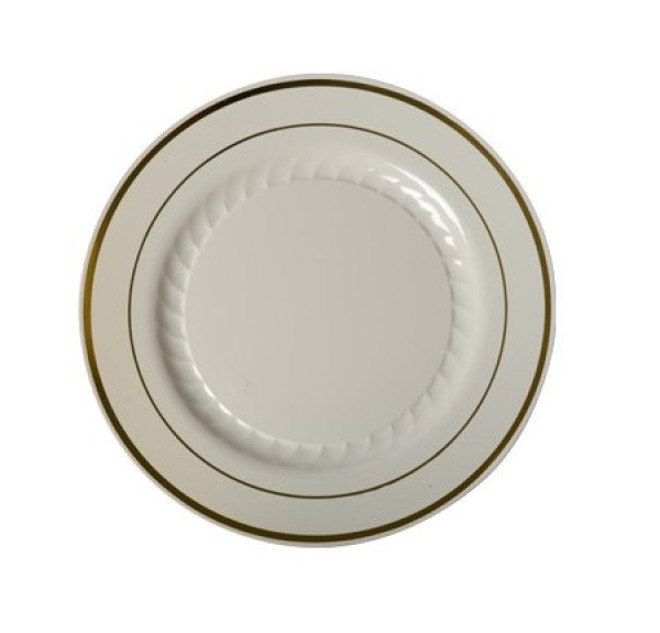 15 Pack 6" Round Plastic Dessert Plates - Ivory with Gold Rim