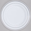 15 Pack 7.5" Round Plastic Dessert Plates - White with Silver Rim