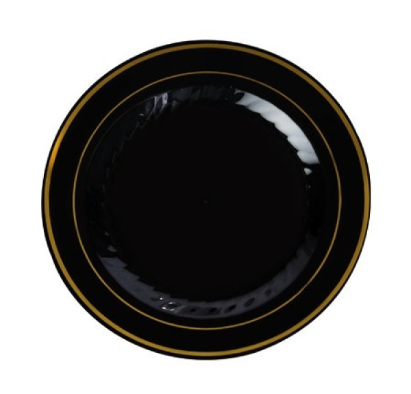 15 Pack 7.5" Round Plastic Salad Plates - Black with Gold Rim