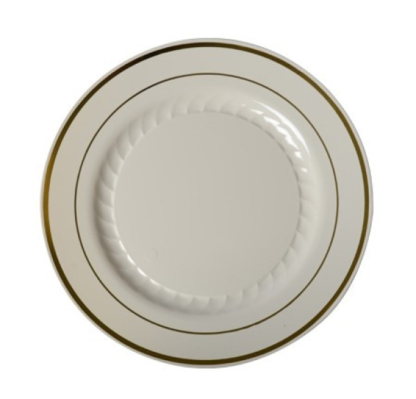 15 Pack 7.5" Round Plastic Salad Plates - Ivory with silver Rim