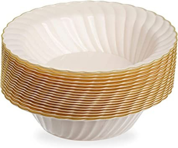 18 Pack 6oz Round Hard Plastic Bowls Ivory with Gold Rim