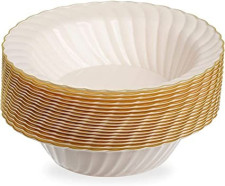 18 Pack 6oz Round Hard Plastic Bowls Ivory with Gold Rim