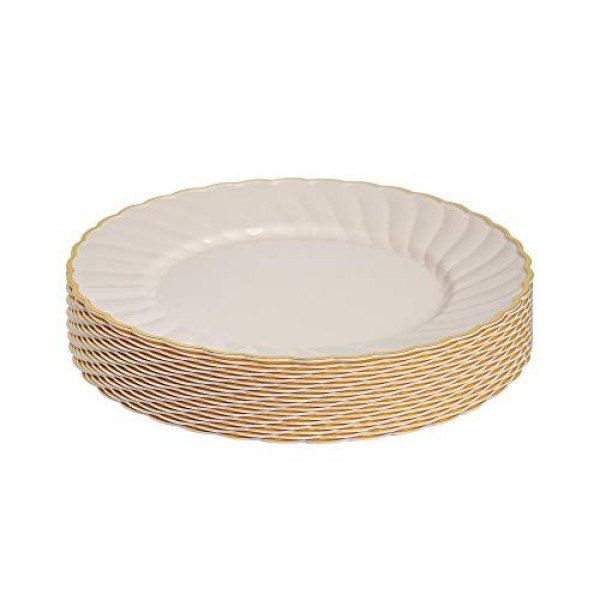 18 Pack 7.25" Round Plastic Dessert Plates - Ivory with Gold Rim