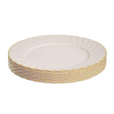 18 Pack 9" Round Hard Plastic Dinner Plates - Ivory with Gold Rim