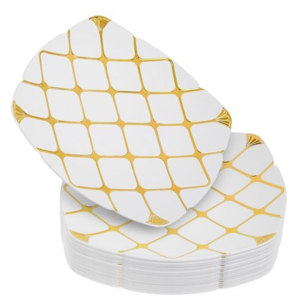 20 Pack 10" Square White and Gold Plates