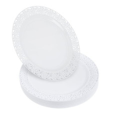 20 Pack 10" White Hard Plastic Dinner Plates with Lace Designed Rim