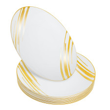 20 Pack 10.25" White & Gold Designed Plastic Plates