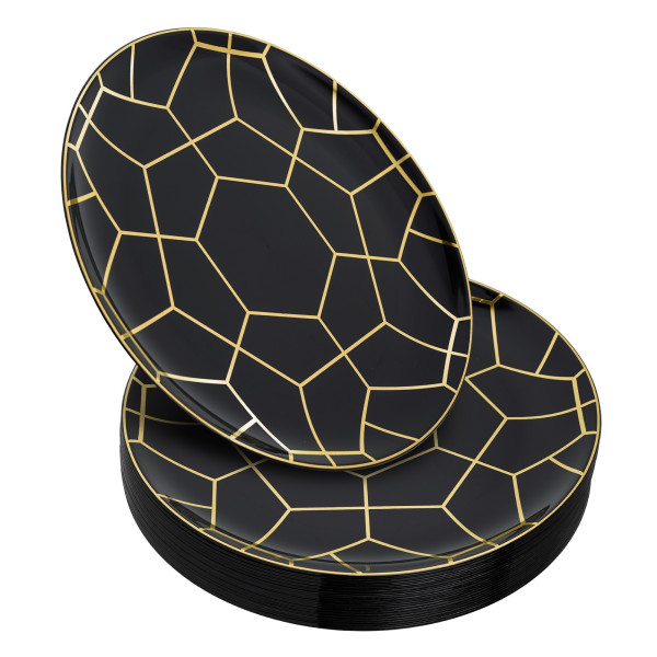 20 Pack 10.5" Hexagon Designed Plates Black and Gold