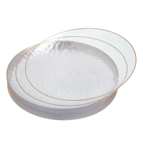 20 Pack 6" Clear Plastic Dessert Plates Hammered Designed with Gold Rim