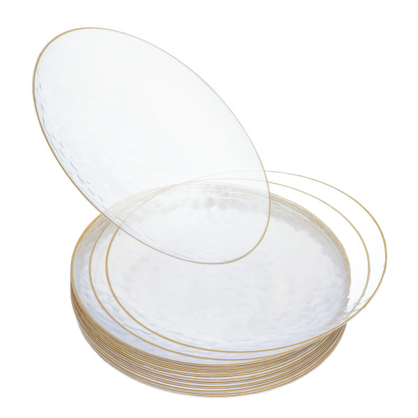 20 Pack 7" Clear Plastic Dessert Plates Hammered Designed with Gold Rim