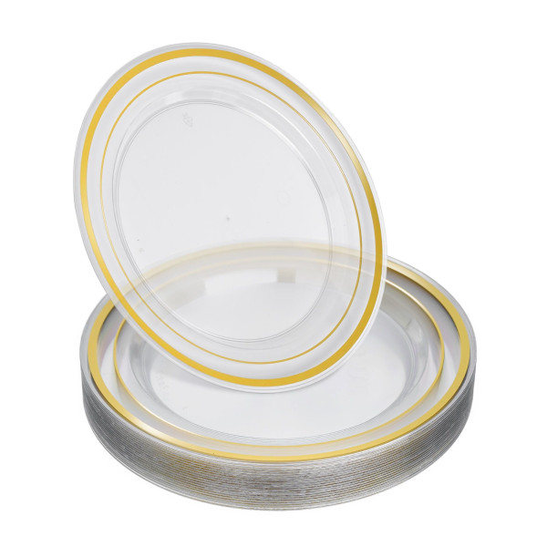 20 Pack 7.5" Hard Plastic Dessert/Side Plates Clear with Gold Rim