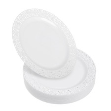 20 Pack 7.5" White Hard Plastic Dessert/Side Plates with Lace Designed Rim