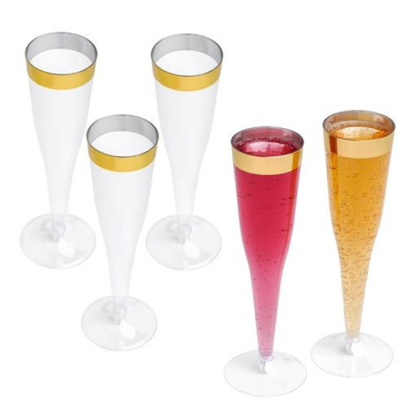 24 Pack 6oz 2 Piece Champagne Flute with Gold Rim