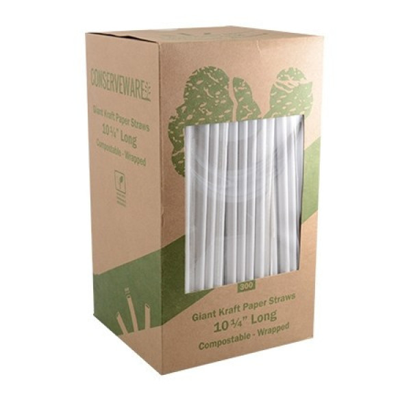 300 Pack 10.25" Giant Kraft Paper Drinking Straws - Individually Wrapped