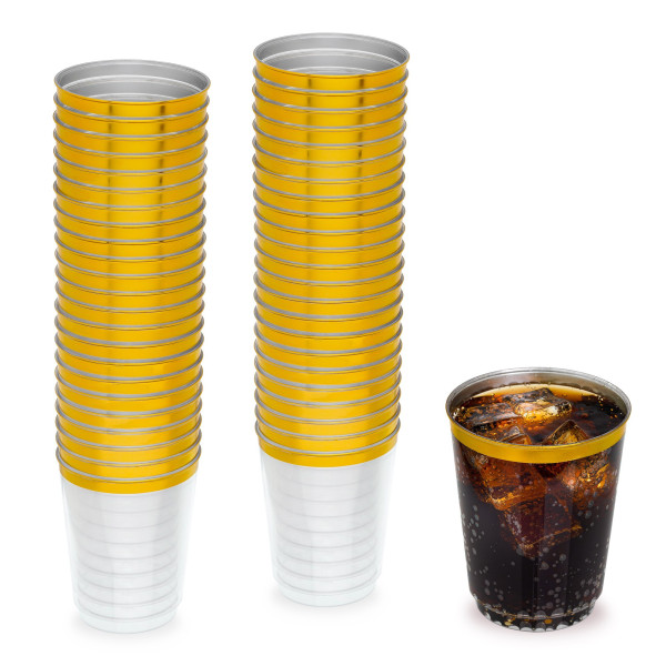 50 Pack 10oz Clear Plastic Party Cups with Gold Rim