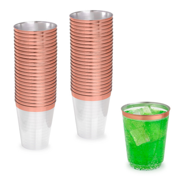 50 Pack 10oz Clear Plastic Party Cups with Rose Gold Rim