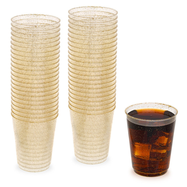 50 Pack 10oz Gold Glittered Plastic Party Cups