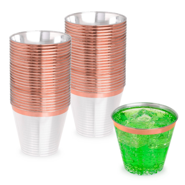50 Pack 5oz Clear Plastic Party Dessert Cups with Rose Gold Rim