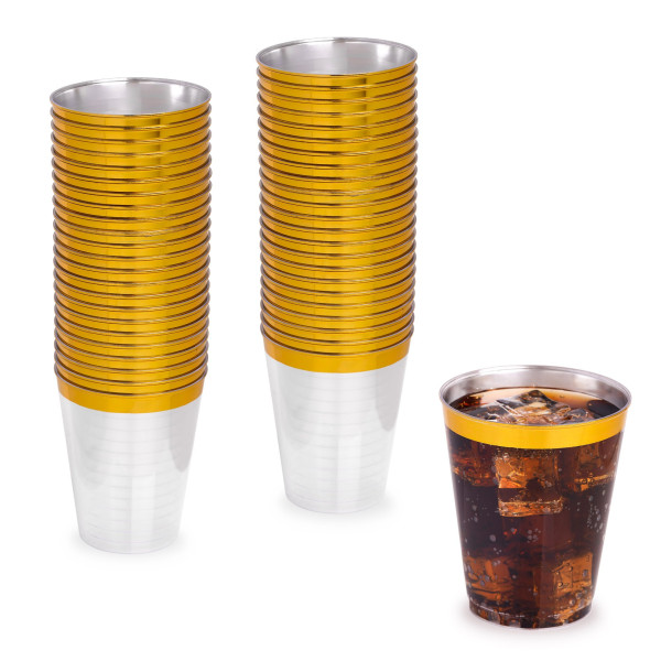 50 Pack 8oz Clear Plastic Party Cups with Gold Rim