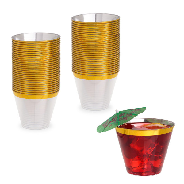 50 Pack 9oz Clear Plastic Party Dessert Cups with Gold Rim