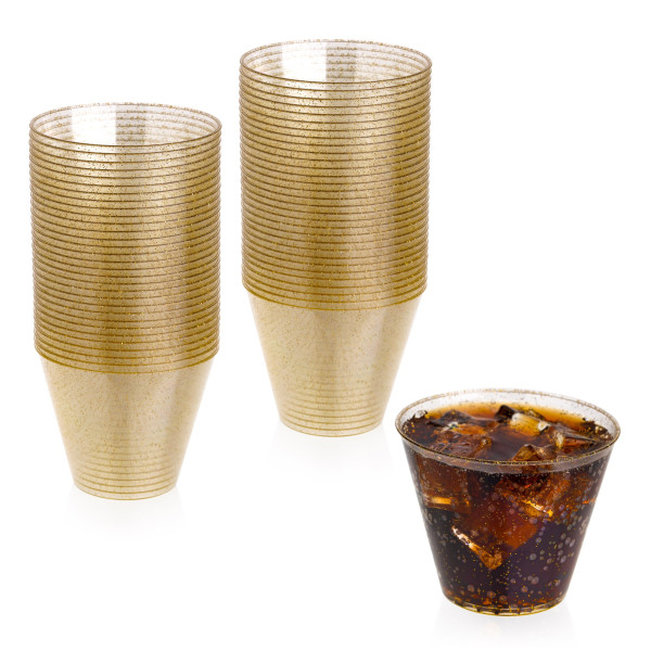 50 Pack 9oz Gold Glittered Plastic Party Cups