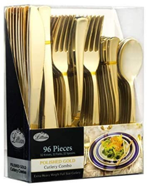 96 Pack Full Size Plastic Gold Cutlery Combo Set, 32 Forks, 32 Knifes, 32 Spoons