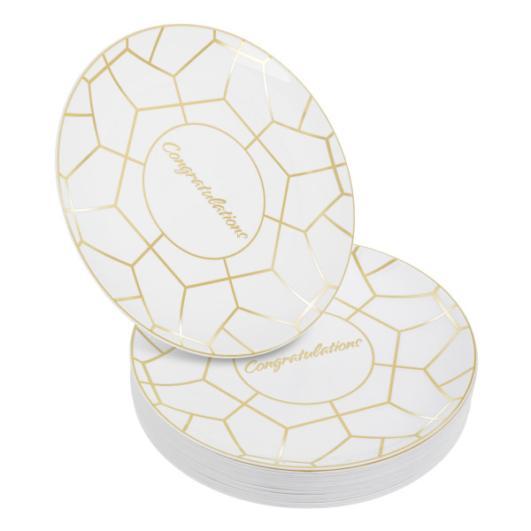 Pack of 20 10.5" Hexagon Designed Plastic Wedding Plates White and Gold with Inscription